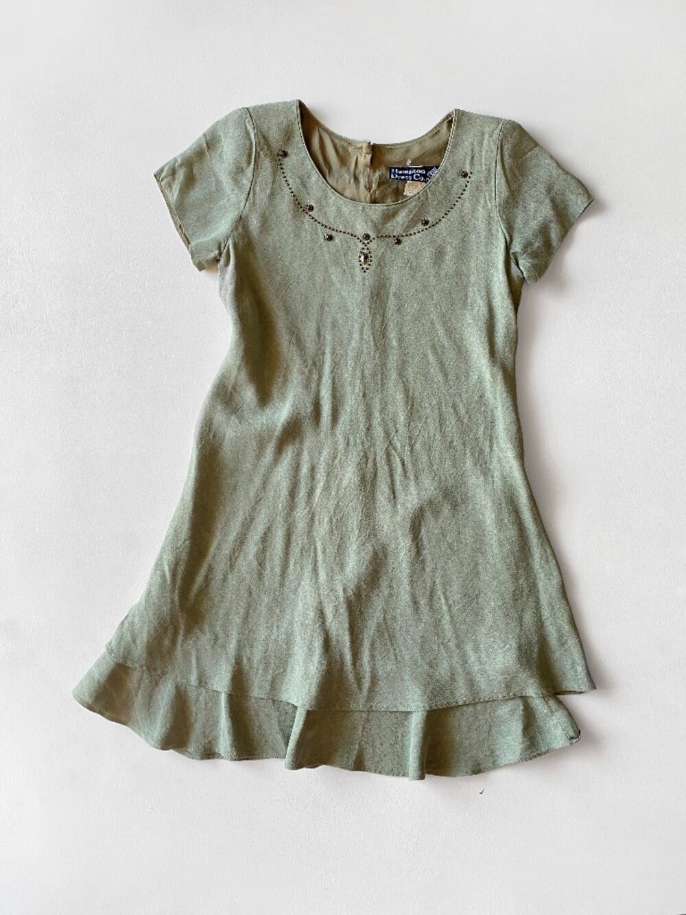 Vtg Hampton Dress Co Petites Sage Green Beaded Mini Dress Flounce Hem USA Sz 4